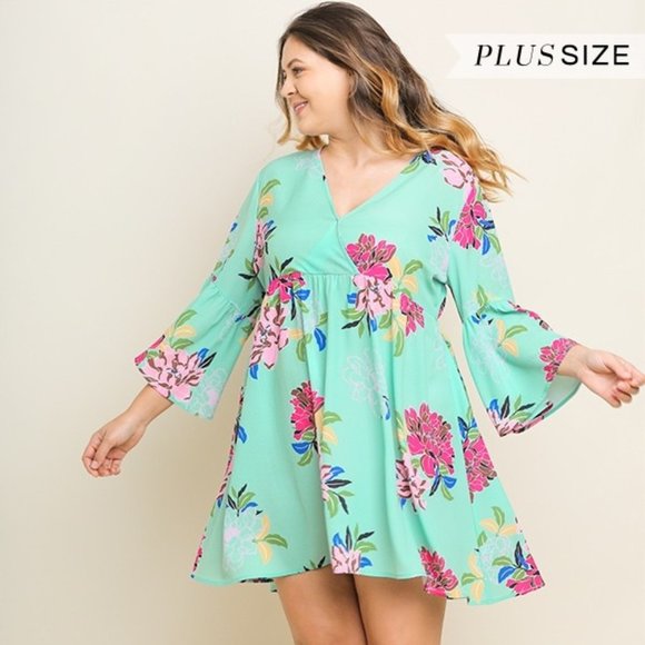 Umgee Plus Mint Floral Keyhole Back Babydoll Dress - Picture 6 of 6